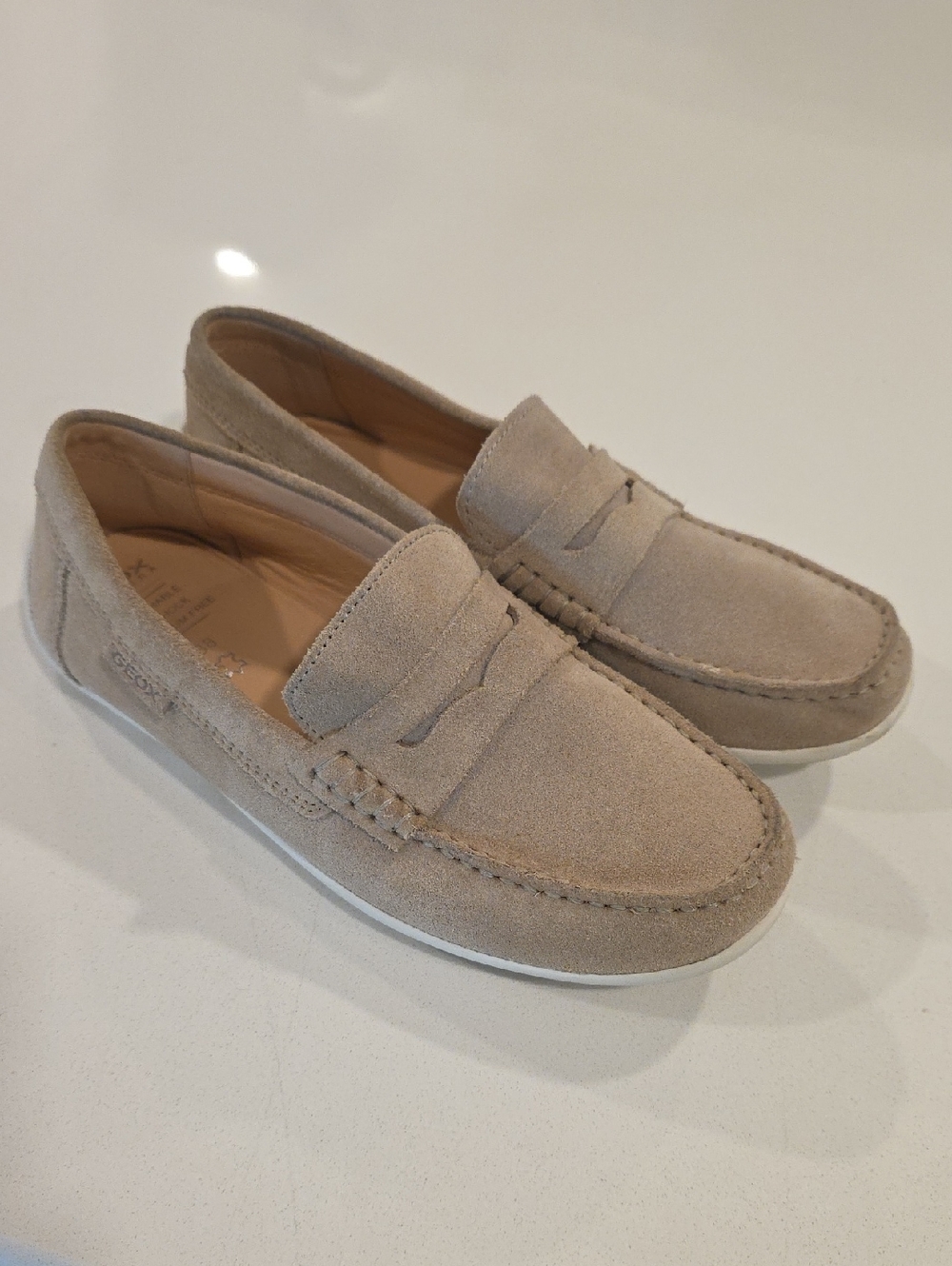 Boy's Geox Suede Penny Loafers in Light Beige